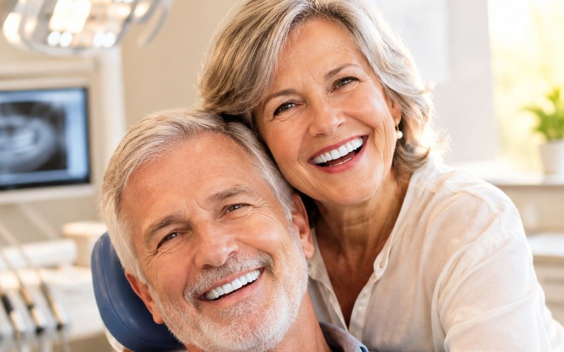 Casal sênior sorrindo na cadeira do dentista depois de fechar o tratamento odontológico parcelado